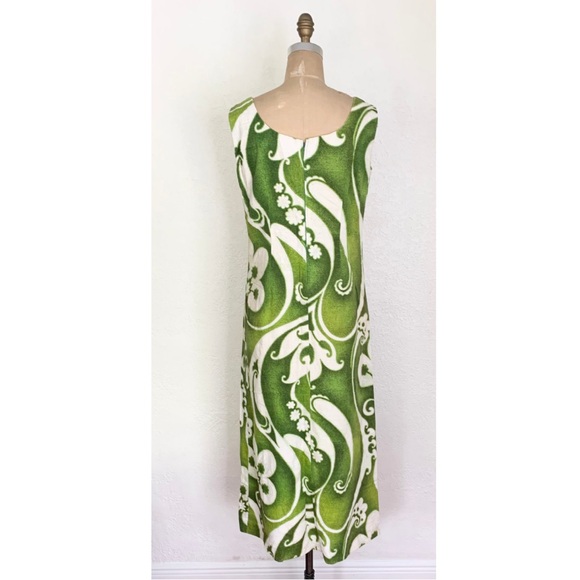 Vintage 60s Hawaiian Tropical Green White Floral Print Midi Maxi Handmade Dress - Picture 7 of 15